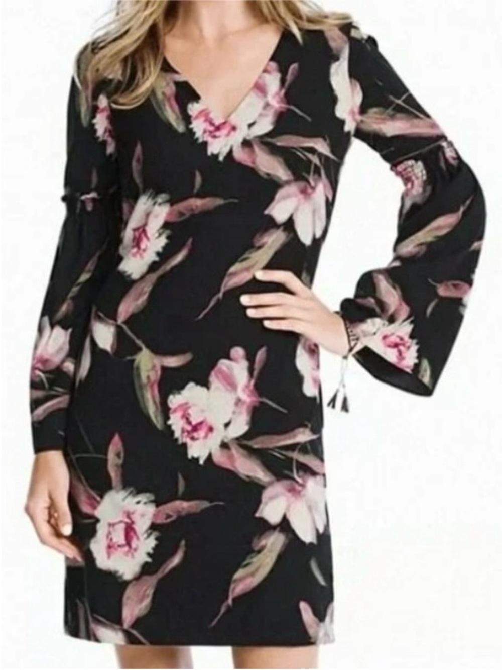 White House Black Market Pink Green Floral Bell Sleeve V Neck Shift Dress Sz 00